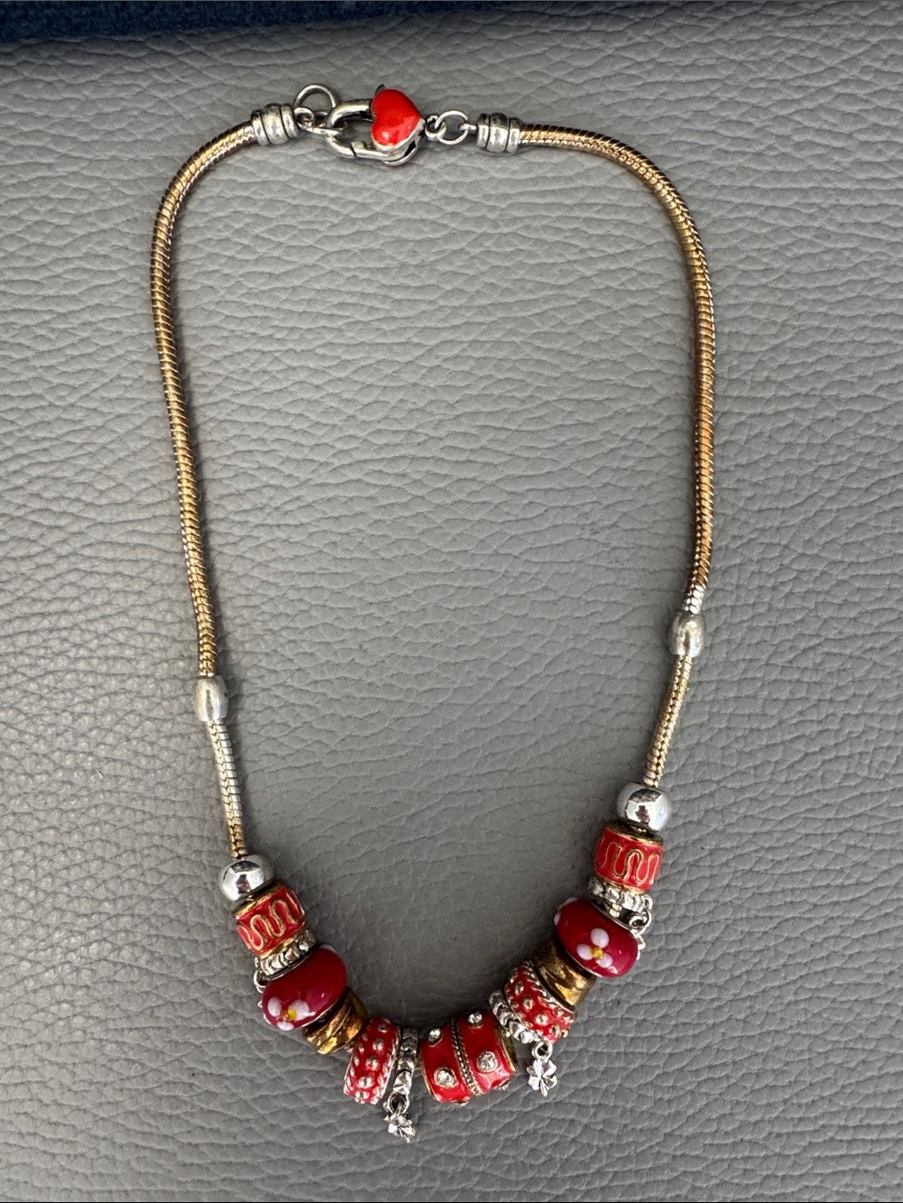 PANDORA LIKE NECKLACE WITH RED GLASS ENAMEL AND SILVER TONE CHARMS BEADS